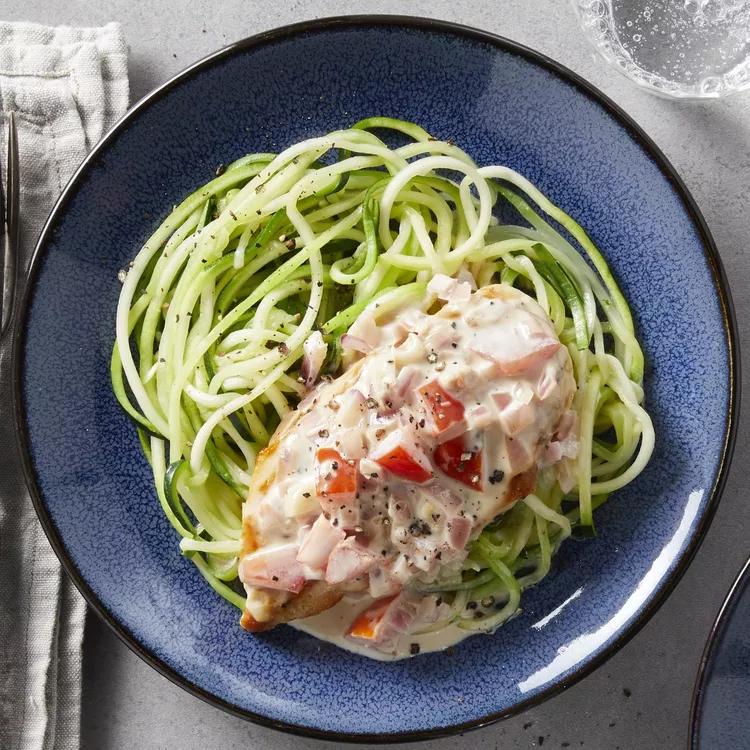 20-Minute Chicken Cutlets & Zucchini Noodles with Creamy Tomato Sauce